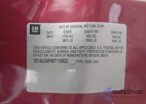 2008 Chevrolet Cobalt Lt z USA, uszkodzony, nr VIN 1G1AL58F887119623
